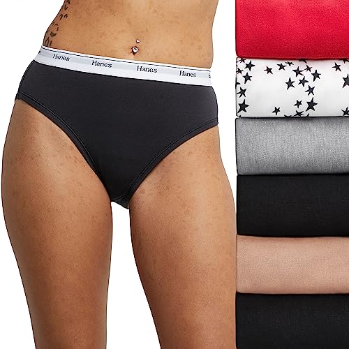 Hanes Women's Originals Hi-Leg Panties, Breathable Stretch Cotton Underwear, Assorted, 6-Pack, Basic Color Mix, Large