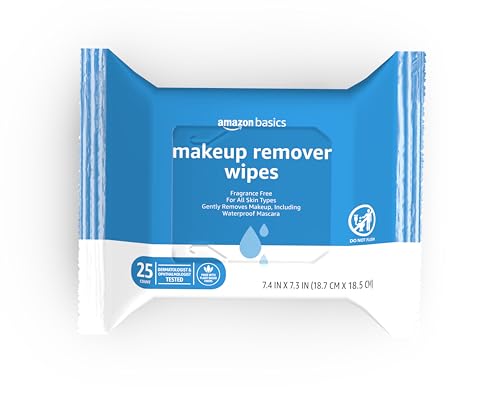 Amazon Basics Makeup Remover Wipes, Gentle Cleansing, Dermatologist Tested, Fragrance-Free, Plant Based, Alcohol-Free, Removes Waterproof Mascara, 25 Count Per Pack, Pack of 1