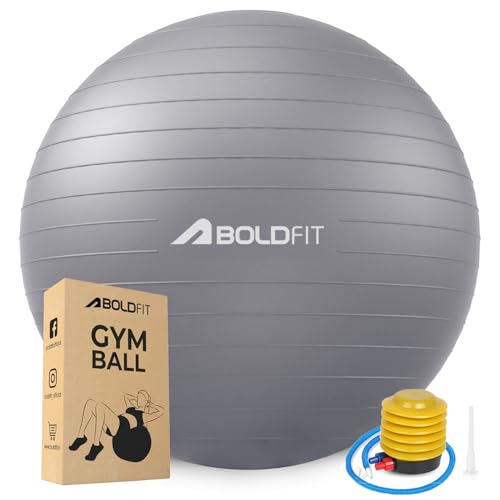 Boldfit Gym Ball for Exercise with Foot Pump for Workout, Yoga for Women and Men Swiss Ball for Balance Stability Training, Fitness 75Cm-Grey