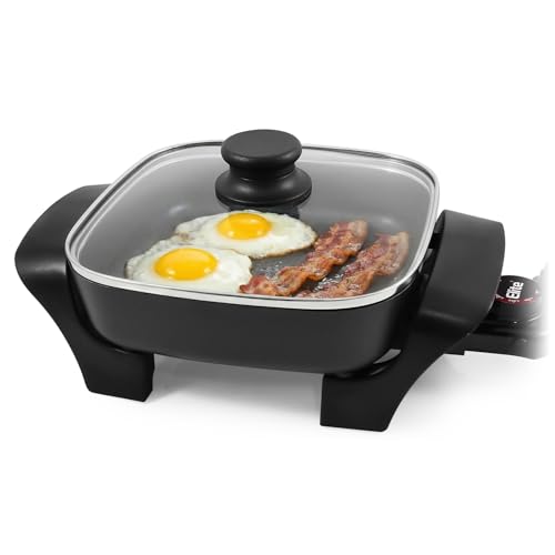 Elite Gourmet EG808 8” x 8" Non-stick Electric Skillet, Dishwasher Safe with Tempered Glass Vented Lid, Rapid Heat Up, 600W, Black