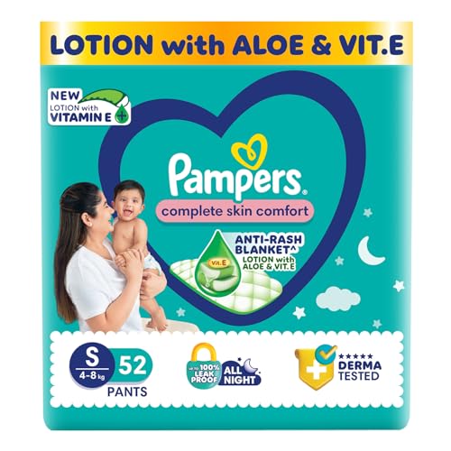 Complete Skin Comfort Pants, (SM) 52 Count, Anti-rash blanket, Lotion with Vitamin E & Aloe Vera, Small size baby diapers, 4-8 kg