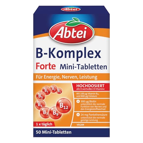 (-34%) Abtei Vitamin B-Komplex Forte - Für Energie, Nerven, Leistung - Mit allen 8 B-Vitaminen und Biotin - Hochdosiert - Glutenfrei, laktosefrei, vegan - 50 Mini-Tabletten