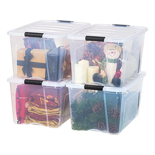 IRIS USA 72 Qt Stackable Plastic Storage Bins with Lids, 4 Pack - BPA-Free, Made in USA - See-Through Organizing Solution, Latches, Durable Nestable Containers, Secure Pull Handle - Clear