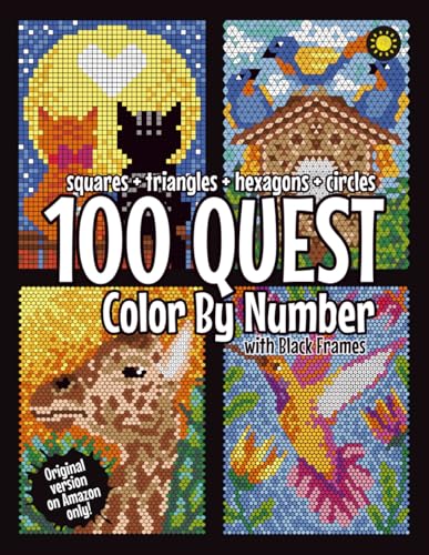 100 QUEST Color By Number: Squares + Triangles + Hexagons + Circles (BLACK backgrounds): color quest activity book for adults
