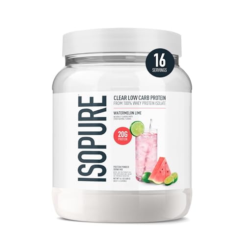 Isopure Clear Whey Isolate Protein Powder, Lactose Free, Gluten Free, Naturally Flavored, Watermelon Lime, 20g Protein Per Serving, 14.1 Oz, 16 Servings (Packaging May Vary)