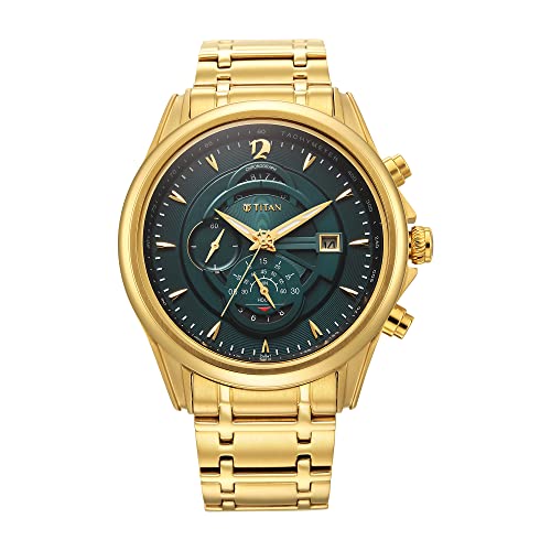 Regalia Premium Quartz Chronograph with Date Forest Green Dial Gold Stainless Steel Strap Watch for Men - NT1830YM02