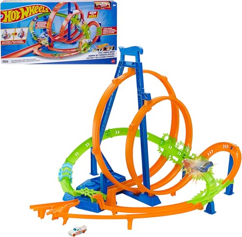 Hot Wheels Toy Car Track Set Action Epic Crash Dash with 1:64 Scale Vehicle & 5 Action Zones, Powered by Motorized Booster