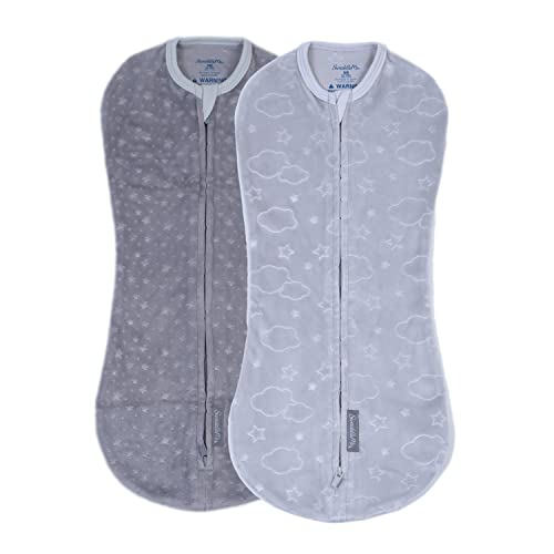 SwaddleMe by Ingenuity Compression Baby Swaddle Pod in Velboa, Two-Way Zipper for Easy Diaper Changes, Improves Sleep & Calms Startle Reflex, 0-2 Months, 1.0 TOG, 2-Pack - Clouds & Stars