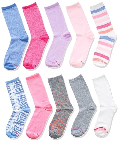 Hanes Ultimate Girls' Fashion Crew Socks Pack, Lightweight Stretch Crew Socks, Assorted 10-Pair Pack, Small