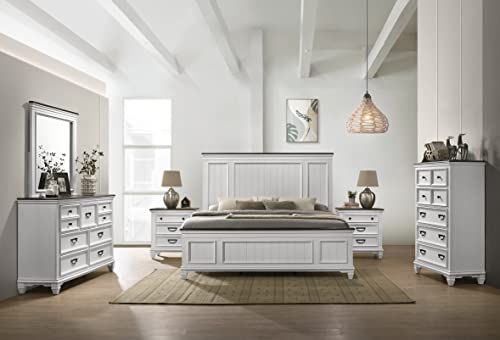 Roundhill Furniture Clelane Wood Bedroom Set with Shiplap Panel Queen Bed, Dresser, Mirror, Two Nightstands, and Chest in Weathered White and Dark Gray