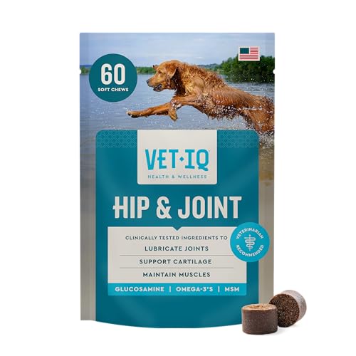 VetIQ Hip & Joint Supplement for Dogs, Anti Inflammatory Joint Support, Glucosamine, MSM, and Krill, Chicken Flavored Soft Chews, 60 Count