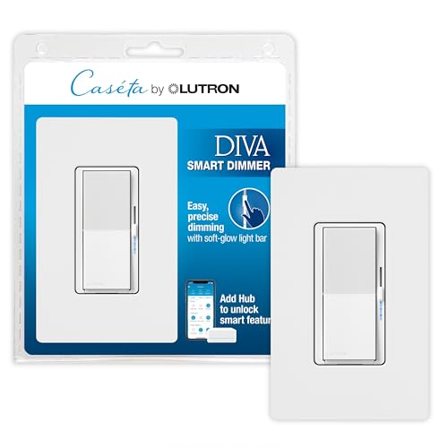Lutron Diva Smart Dimmer Light Switch with Wallplate for Caseta Lighting (Lutron Smart Hub Required), for LED Lights, 150W, Single-Pole/3-Way, No Neutral, White (DVRFW-6L-WH-A)