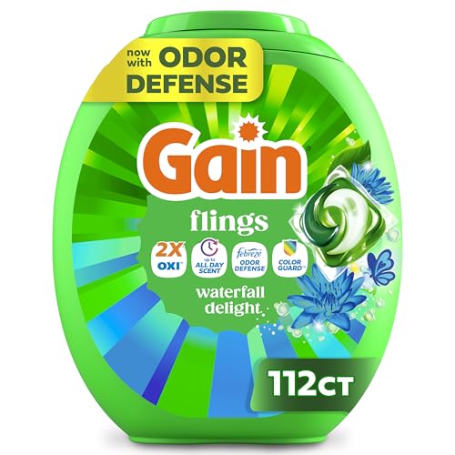 Gain flings Ultra Oxi Laundry Detergent Pacs, 112 Count, Waterfall Delight Scent, 3-in-1, HE Compatible