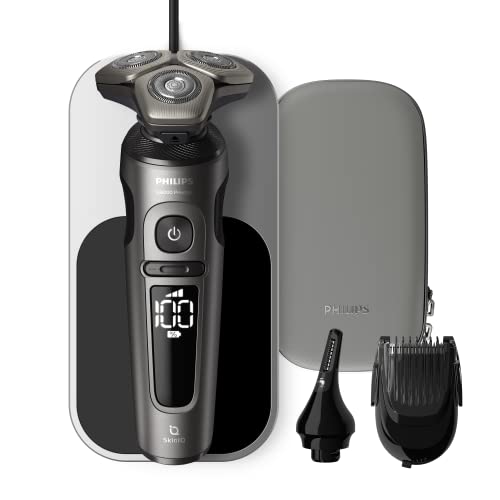 Philips Shaver Series 9000 Prestige, Elektrischer Nass- und Trockenrasierer, helles Chrom, Lift & Cut Rasiersystem, SkinIQ Technologie, Qi Ladepad, Bartstyler,