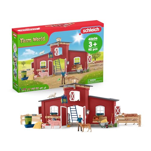 Schleich Farm World - 92PC Red Barn Farm Playset with Animals, Farmer, Accessories and Movable Pieces - Realistic Barnyard Animal Figurines - Fun Educational Toys for Kids, Toddlers Ages 3+ | 42606