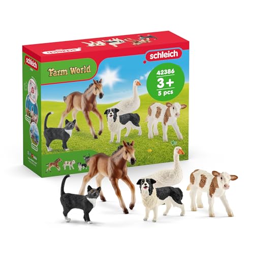 Schleich Farm World - 5PC Realistic Farm Animal Figurines for Boys and Girls - Realistic Barn Animal Playset with Cow, Cat, Dog, Goose and Horse - Barnyard Figures for Toddlers - Kids Ages 3+ | 45784