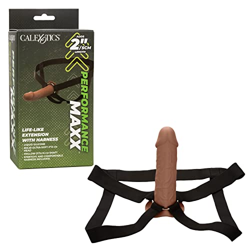 CalExotics Performance Maxx Life-Like Extension with Harness, Silicone 2-Inch Length Added Penis Sleeve - Brown SE-1633-35-3