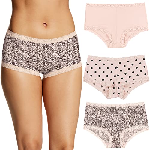 Maidenform Women's Underwear, Microfiber with Lace Boyshort Panties, One Fab Fit, 3-Pack, Sandshell/Modern Dot/Leopard Print