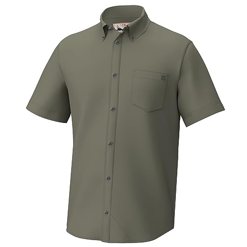 HUK Standard Kona Solid Short Sleeve Fishing Button Down Shirt for Men, Moss, Large
