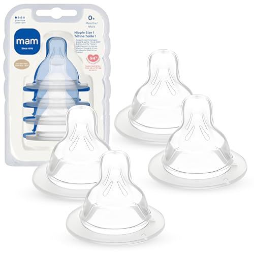 MAM Bottle Nipples Slow Flow Nipple Level 1, for Newborns and Older, SkinSoft Silicone Nipples for Baby Bottles, Fits All MAM Bottles, 4 Pack