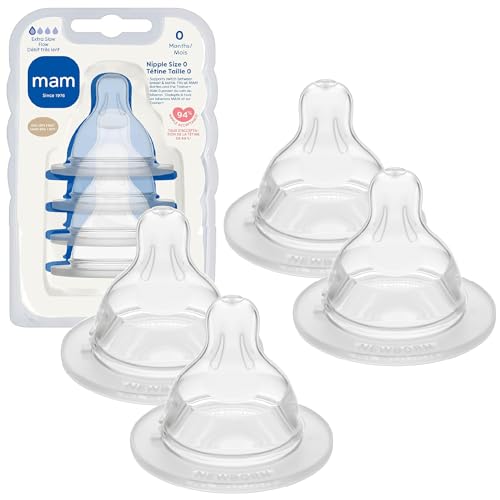 MAM Bottle Nipples Extra Slow Flow Nipple Size 0, for Newborn Babies and Older, SkinSoft Silicone Nipples for Baby Bottles, Fits All MAM Bottles, 4 Count (Pack of 1)