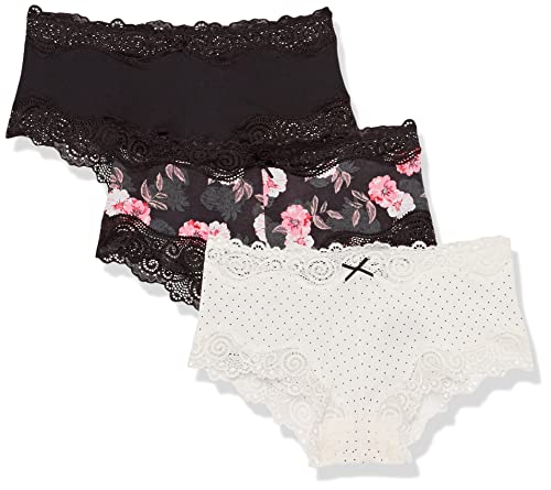 Maidenform Women's Underwear, Low-Rise Cheeky, Scalloped Lace Hipster Panty, 3-Pack, Black/Pearl Dot Print/Oil Flower Black