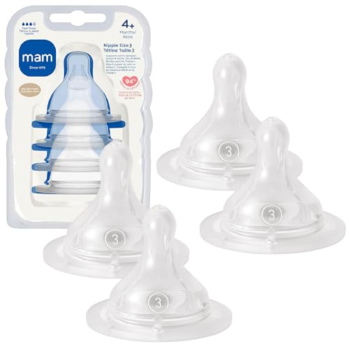 MAM Bottle Nipples Fast Flow Nipple Level 3, for 4+ Months, SkinSoft Silicone Nipples for Baby Bottles, Fits All MAM Bottles, 4 Pack