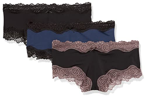 Maidenform Women's Underwear, Low-Rise Cheeky, Scalloped Lace Hipster Panty, 3-Pack, Black/Navy Black/Black Rum Raisin
