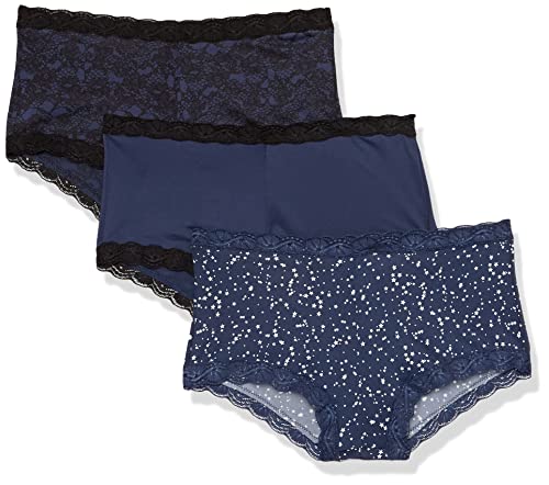 Maidenform Women's Underwear, Microfiber Boyshort Panties, One Fab Fit, 3-Pack, Navy Black/Navy Black Lace/Shining Star