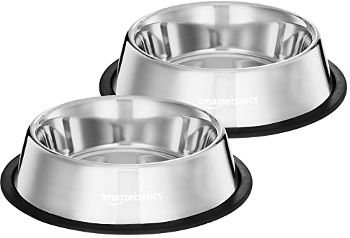 Amazon Basics Stainless Steel Pet Feeding Bowls for Dogs and Cats | Set of 2 | 700 ml Each | Dry Kibble, Wet Food, Water Bowl | No-Tip, Non Sliding De