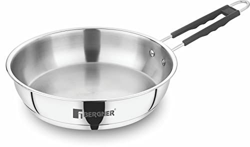 BERGNER Eternity Stainless Steel Frypan with Triply Bottom, Induction Base and Silicone Grip Handle, 7 Year Warranty, 22 cm, Silver