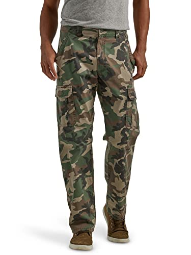 Wrangler Authentics Men's Relaxed Fit Stretch Cargo Pant, Green Brown Camo, 36W x 32L
