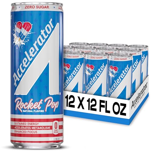 Accelerator Energy Drink Sugar Free, Rocket Pop 12oz can(12 pack)Zero Sugar Energy Drinks with Sustained Energy from 100% Natural Caffeine (200mg) & Green Tea extract