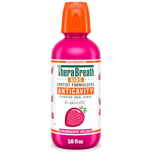 TheraBreath Kids Mouthwash with Fluoride, Organic Strawberry Splash, Anticavity, Dentist Formulated, 16 Fl Oz