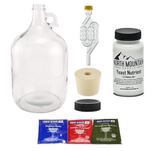 North Mountain Supply 1 Gallon Glass Fermenting Jug with Handle, #6.5 Rubber Stopper, 6-Bubble Airlock, Black Plastic Lid, 3-Pack Yeast Assortment, & 3.5 Ounce Yeast Nutrients