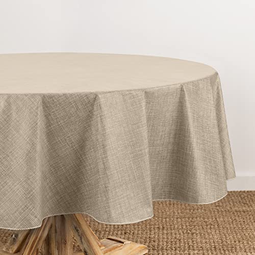 Elrene Home Fashions Monterey Linen Inspired Water- and Stain-Resistant Vinyl Tablecloth with Flannel Backing, 70 inches X 70 inches, Round, Taupe