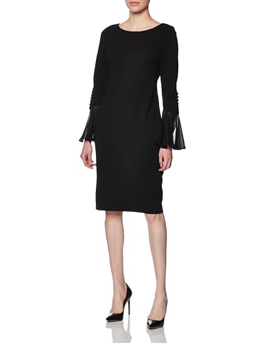Calvin Klein Womens Chiffon Bell Sleeve Sheath Dress, Black, 2