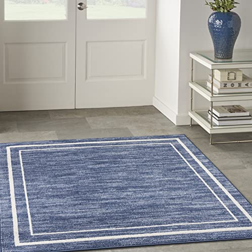 Nourison Home Essentials Indoor/Outdoor Solid Bordered Navy/Ivory 5' x Square Area Rug, Easy Cleaning, Non Shedding, Bed Room, Living Room, Dining Room, Backyard, Deck, Patio (5 Square)