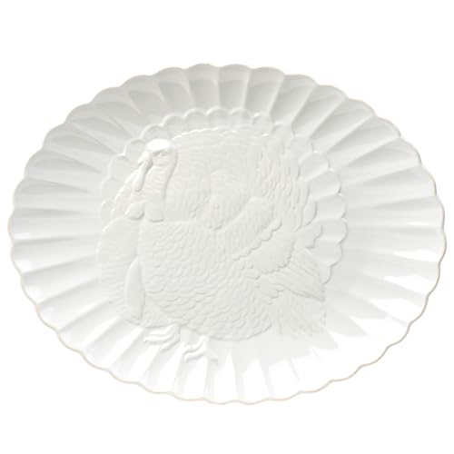 Lenox Serveware, Lenox French Perle Carved Turkey Platter, Scalloped, Oval, 18-Inch, Stoneware, Dishwasher Safe, Turkey 