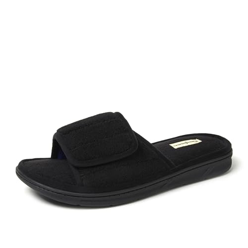 Dearfoams Men's Adjustable Indoor/Outdoor Memory Foam Machine Washable Summer Slide Slipper, Black, 11-12