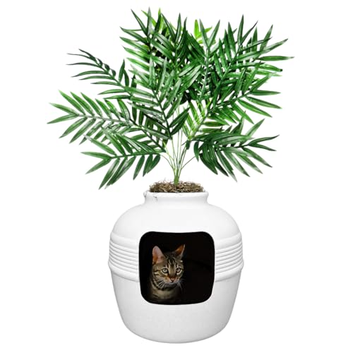 Good Pet Stuff Hidden Cat Litter Box Enclosure with Artificial Plant, Decorative Round Planter, Vented Carbon Charcoal Filter for Odor Control, Easy-to-Clean, Made in USA, Base Kit, White