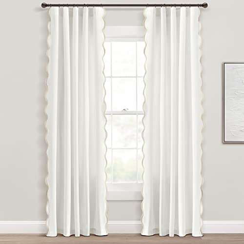 Lush Decor Coastal Chic Scalloped Edge Light Filtering Window Curtain Panels Pair, 52" W x 84" L, Neutral & White - White Curtains for Living Room - Coastal Decor