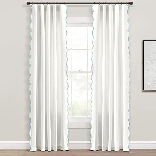 Lush Decor Coastal Chic Scalloped Edge Light Filtering Window Curtain Panels Pair, 52" W x 84" L, Blue & White - White Curtains for Living Room - Coastal Decor