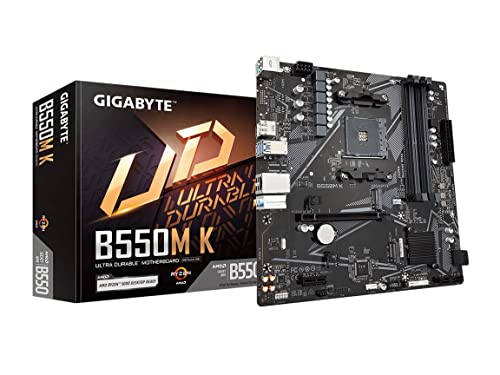 GIGABYTE Placa-mãe B550M K, suporta processadores AMD AM4 Ryzen 5000, Micro-ATX, DDR4, Dual M.2, SATA 6Gb/s, Realtek GbE LAN, PCIe 4.0