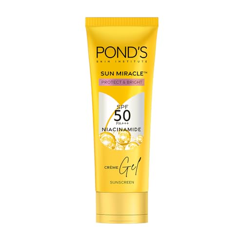 POND’S Sun Miracle SPF 50 PA+++ Crème Gel Sunscreen -Protect & Bright, With 3% Niacinamide, Fade Dark Spots in 4 Weeks, Lightweight, No White Cast 50g