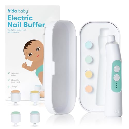 Frida Baby Electric Nail Buffer | Safe + Easy Baby Nail File, Baby Nail Clippers + Nail Trimmer Kit for Newborn, Toddler, Children's Fingernails/Toenails, 4 Buffer Pads, LED Light, Storage Case, White