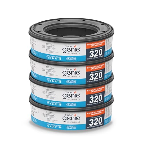 Diaper Genie Essentials Round Refill Pack of 4 | Holds Up to 1280 Newborn Diapers | Features Unscented Continuous Film | Compatible with Diaper Genie Complete and Expressions Pails