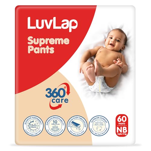 LuvLap Supreme Diaper Pants New Born (NB) 0 to 5kg, 60pcs, 360° skin care with 10 million breathable pores, Aloe Vera for superior Rash prevention, up