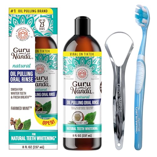 GuruNanda CocoMint Oil Pulling Mouthwash for Complete Oral Hygiene, 7 Essential Oils & Vitamins for Happy Teeth & Gums & Fresh Breath , Alcohol-Free, 8 oz