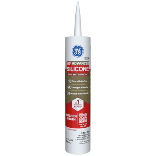 GE Advanced Silicone Caulk for Kitchen & Bathroom, White, 10 fl oz Cartridge, 1 Pack - 100% Waterproof Silicone Sealant, 5X Stronger Adhesion, Shrink & Crack Proof